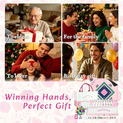 American Mahjong Game Set Complete with 166 Pink Tiles, Noise Reducing Mat, 4 All-in-One Rack/Pushers, Pink Bag & Accessories - Suitable for Adults and Beginners