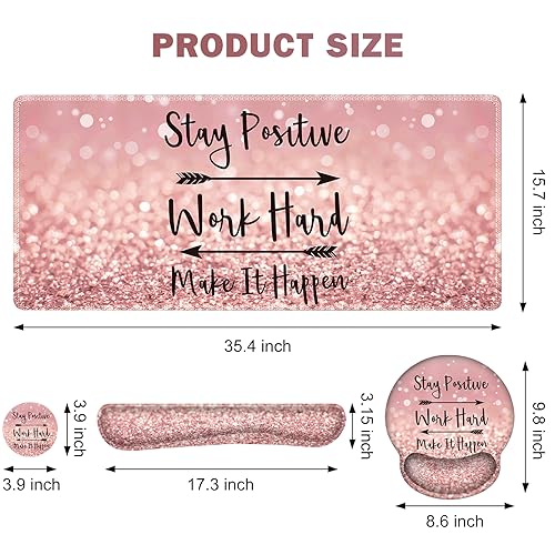 ToLuLu Desk Mat, XXL Large Mouse Pad Wrist Support Set，4 in1 Gaming Mousepad Desk Pad+ Ergonomic Mouse Pad with Wrist Rest + Keyboard Wrist Rest+Coaster for Women Home Office Table, Pink Stay Positive - color: Pink Stay Positive