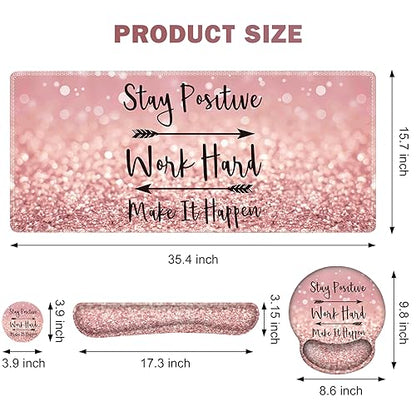 ToLuLu Desk Mat, XXL Large Mouse Pad Wrist Support Set，4 in1 Gaming Mousepad Desk Pad+ Ergonomic Mouse Pad with Wrist Rest + Keyboard Wrist Rest+Coaster for Women Home Office Table, Pink Stay Positive - color: Pink Stay Positive
