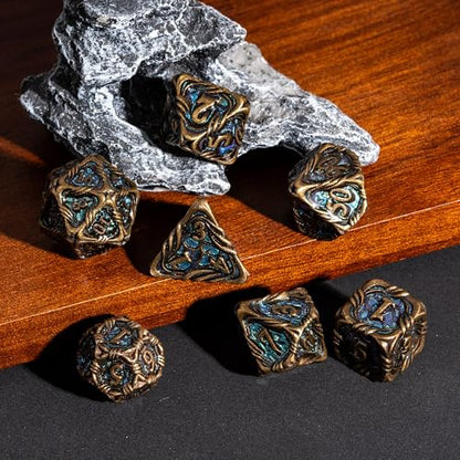 7-Die Metal DND Dice Set Role Playing Dice for RPG Table Games | Vine Design PU Leather Pouch for Dungeons and Dragons - color: Vine-bronze Color-changing