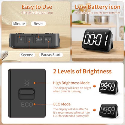 VOCOO Magnetic Kitchen Timer for Cooking with Count Up Countdown, Digital Timer Battery Powered with Large Display, 2 Brightness and Volume Levels for Classroom, Teacher, Kids (Dark Black) - color: Dark Black