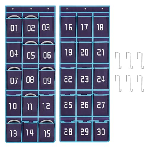 2 Pack Numbered Classroom Headphone Storage Organizer with 30 Pockets, Blue | Over the Door Headphone Holder, Hanging Classroom Pocket Chart for Headphones, Cell Phones Classroom Storage & Organization - color: Blue