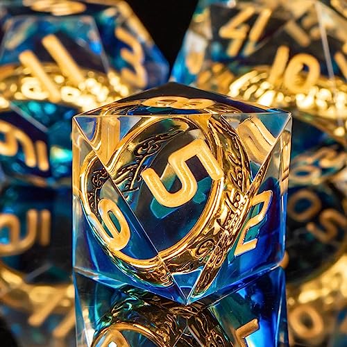 OUKELANWO Magic Lord Rings DND Dice Set with Box, 7Pcs Resin LOTR D&D Dice Set for Role Playing Game, Blue Gold Dungeons Dragons D and D Sharp Edge Dice D20 D12 D10 D8 D6 D4 - color: Blue