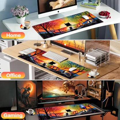 Mouse Pad with Wrist Rest Black Cat, 4-in-1 Large Mousepad+Keyboard Wrist Rest+Mouse Pad Wrist Support+Cup Pad Set,Ergonomic Mousepad,Memory Foam Desk Mat for Home Office Gaming(35.4×15.7in) - color: Lonely Cat