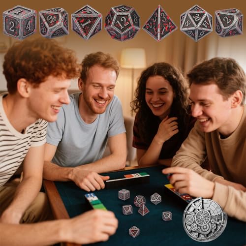 Silver Gear Fingertip Gyro + 7pcs Bloodstained Silver Polyhedral Metal DND Dice Set, Metal Dice Spinner Set, DND Starter Set, Christmas D&D Gifts with Gift Box, Role Playing Board Game Accessories - color: Bloodstained Silver