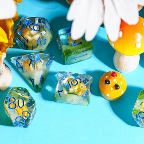 UDIXI Yellow Mushroom Dice Set, Polyhedral Dice Set D&D for Tabletop Games | Velvet Storage Bag, DM Gift, for Dungeons and Dragons Role Playing Games Board Games - color: Mushroom Yellow/Blue Font