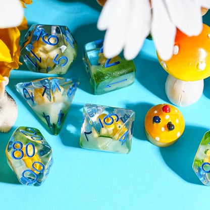 UDIXI Yellow Mushroom Dice Set, Polyhedral Dice Set D&D for Tabletop Games | Velvet Storage Bag, DM Gift, for Dungeons and Dragons Role Playing Games Board Games - color: Mushroom Yellow/Blue Font