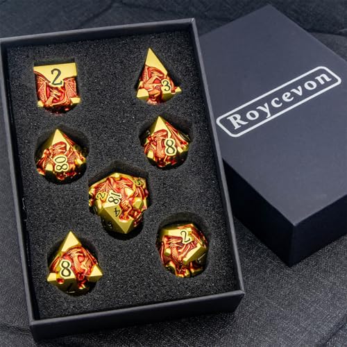 Roycevon Relief Dragon DND Dice Set for Role Playing Game, 7Pcs Metal D&D Dice Set Dungeons Dragons with Gift Box, Polyhedral D and D Dice D20 D12 D10 D8 D6 D4, Red and Black - color: Red and Black