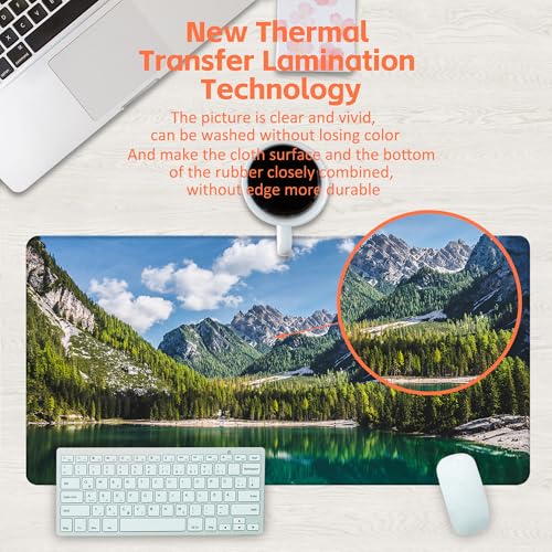 Desk Mat, Lake Mountain Landscape Desk Pad, The Alps Large Gaming Mouse Pad for Desk, 31.5"x15.7" Extended Big Computer Keyboard Mouse Pad with Non-Slip Base and Stitched Edge - color: Lake Mountain Landscape