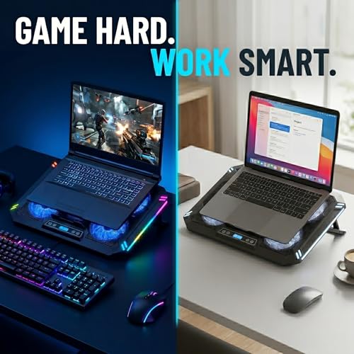 AFI Electronics Laptop Cooling Pad, 5 Quiet Fans Gaming Laptop Cooler for 11–17 Inch, RGB LED, LCD Display, 6 Fan Speeds, 8-Height Adjustable Stand, Dual USB Ports, Notebook Cooling Stand