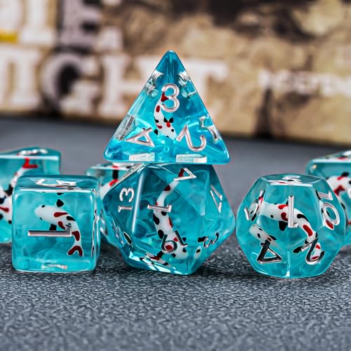 Fish/Animal Resin D&D Dice Set, 7pcs Polyhedral Dice (D4, D6, D8, D10, D12, D20, D%) for Dungeons and Dragons, RPG, MTG, Role Playing Games - color: Black and Red Fish
