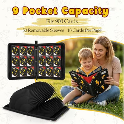 Card Binder for Pokemon Cards, 9 Pocket Trading Card Binder Holds 900 Cards with 50 Removable Sleeves, 3 Ring Zipper Card Holder Album Book Case for TCG, MTG, Sports Cards Collection, Boys Girls - color: Black