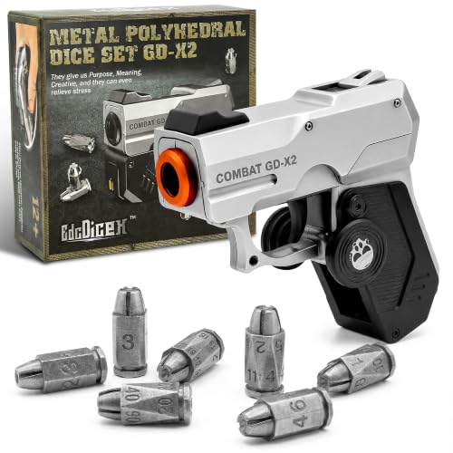 7 Piece Metal Polyhedral Bullet Dice Set with Shooting & Fidget Modes, Pistol Shaped Case & Bullet Dice for Cyberpunk Style Tabletop RPG Dice, Fidget Toy for Stress Relief (Silver) - color: Silver