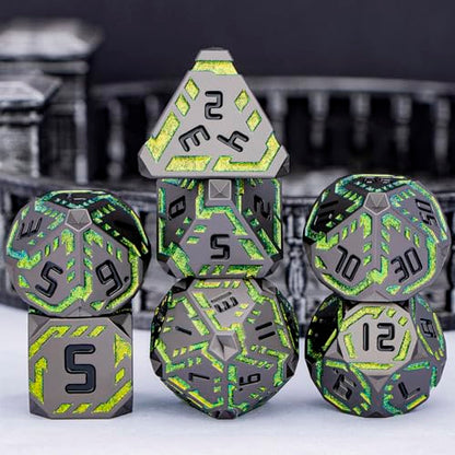 Metal DND Sci-fi Dice Set 7PCS Stripe Polyhedral Dice for Dungeons Dragons RPG Role Playing Game, Glitter D and D Dice with Gift Box D6 D8 D10 D12 D20 (Black&Green Yellow) - color: Black - Yellow Green