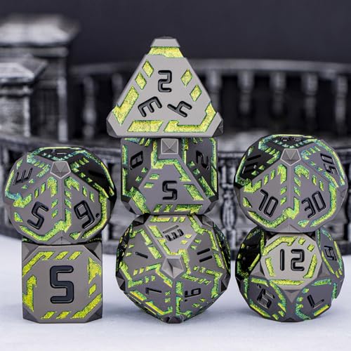 Metal DND Sci-fi Dice Set 7PCS Stripe Polyhedral Dice for Dungeons Dragons RPG Role Playing Game, Glitter D and D Dice with Gift Box D6 D8 D10 D12 D20 (Black&Green Yellow) - color: Black - Yellow Green