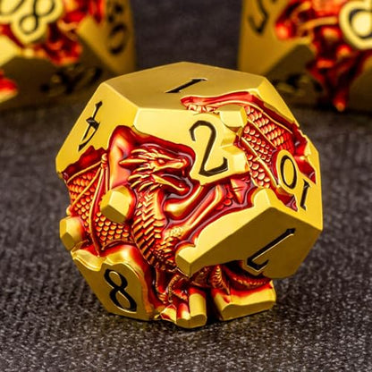 Roycevon Relief Dragon DND Dice Set for Role Playing Game, 7Pcs Metal D&D Dice Set Dungeons Dragons with Gift Box, Polyhedral D and D Dice D20 D12 D10 D8 D6 D4, Red and Black - color: Red and Black