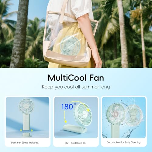 HandFan Upgraded 10,000 mAh Quiet Handheld Fan - 4.5 Inch Large Hand Held Fans Reahargeable, 180° Foldable Portable Fan [30 Working Hours] with Lanyard, Base for Disney/Travel/Concerts/Beach/Office - color: Clear‑Blade Sage Green