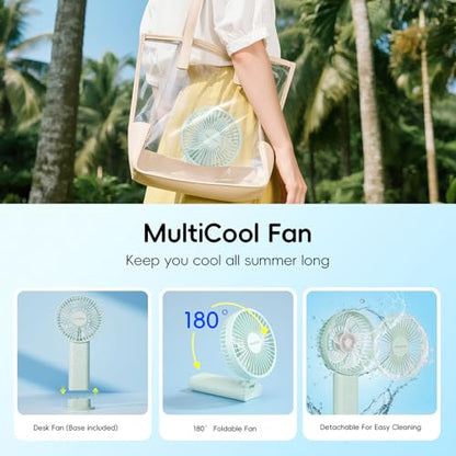 HandFan Upgraded 10,000 mAh Quiet Handheld Fan - 4.5 Inch Large Hand Held Fans Reahargeable, 180° Foldable Portable Fan [30 Working Hours] with Lanyard, Base for Disney/Travel/Concerts/Beach/Office - color: Clear‑Blade Sage Green