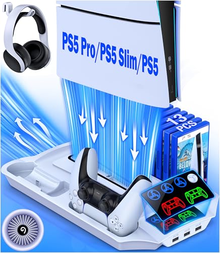 PS5 Pro/Slim/PS5 Stand and Cooling Station with Controller Charging Station for Playsation 5 Disc Digital Console, PS5 Accessories Incl. 3 Levels Cooling Fan, 13 Game Slots, 3 USB HUB, Headset Holder - size: Q254-PS5 Stand