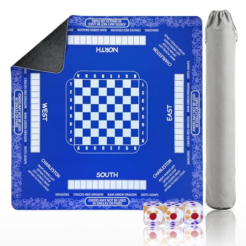 Mahjong Mat with Rules,Neoprene Noise Dampening Mat | Includes 3 Dice & Carry Bag with Rules & Instructions (Blue)