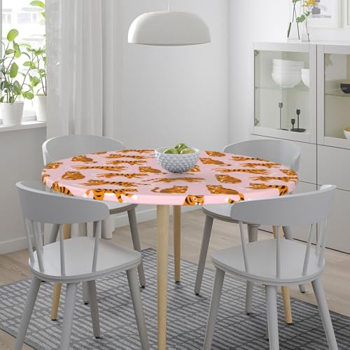Famame Cute Tigers Pink Round Fitted Tablecloth with Elastic Protector Table Cloth Kitchen Dinner Waterproof Oil-Proof Table Covers Fits 40"-44", Small - color: Seamless Tigers Pink