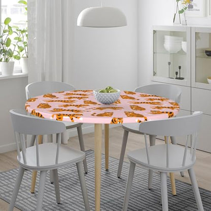 Famame Cute Tigers Pink Round Fitted Tablecloth with Elastic Protector Table Cloth Kitchen Dinner Waterproof Oil-Proof Table Covers Fits 40"-44", Small - color: Seamless Tigers Pink