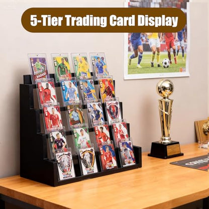 WodGod Card Display Stand，5-Tier Black Wooden Graded Card Display Rack，Wooden Trading Card Display，Desktop Showcase for Sports Cards