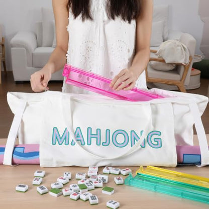 Abbylike 28x9 Inches Mahjong Bag for Rolled Mat Tiles Racks Pushers Accessories Empty Mahjong Tote Bag with Zipper Closure Outer Pockets Lining Large Capacity(Natural White,Canvas) - color: Natural White