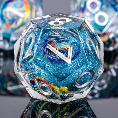 Roycevon Dragon Pattern Liquid Core DND Dice Set, 7Pcs Sharp Edge D&D Dice with Gift Box, Blue Resin Dungeons Dragons D and D Role Playing Dice D20 D12 D10 D8 D6 D4 - color: Blue