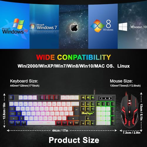 BlueFinger RGB Gaming Keyboard and Backlit Mouse Combo, USB Wired, LED Gaming Set for Laptop PC Computer Game and Work (Black & White) - color: Black & White