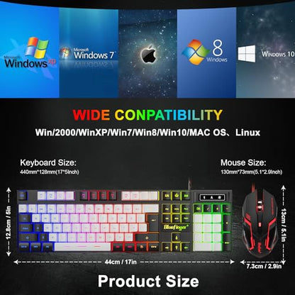 BlueFinger RGB Gaming Keyboard and Backlit Mouse Combo, USB Wired, LED Gaming Set for Laptop PC Computer Game and Work (Black & White) - color: Black & White