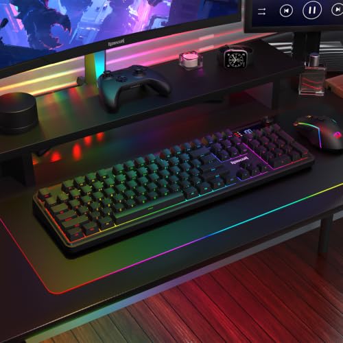 Redragon K526 PRO RGB Wireless Membrane Gaming Keyboard, 104 Keys Mechanical-Feel Keyboard w/LED Info Display, Media/Backlit Knob Control, Linear Switch & Software Supported (Side Printed Font) - color: Black (Side Printed)