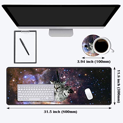 Desk Pad Mat Gaming Mouse Pads with Coasters Set, Stitched Edges Design Mouse Pad XXL Large Mouse Pad for Laptop Computers Galaxy Fly Cat Desk Writing Mat for Office & Home 31.5x 11.8 - color: Galaxy Fly Cat