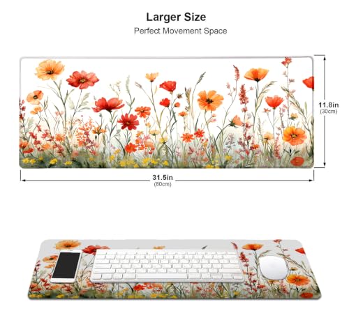 Large Mouse Pad, Desk Mat Computer Keyboard Pad Non-Slip Rubber Base Waterproof with Stitched Edges for Laptop Gaming, Office & Home 31.5 x 11.8 Inch (Wildflowers Floral) - color: Wildflowers Floral