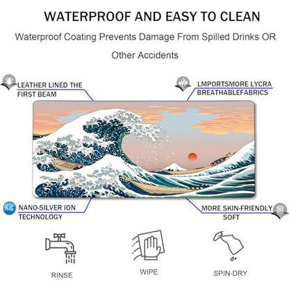 Japanese Large Gaming Mouse Pad with Extended Stitched Edges, (31.5X15.7In) Durable Non-Slip Natural Rubber Base, Waterproof Computer Pad for Esports Pros/Gamer/Office/Home, Sunset Sea - color: Sunset Sea