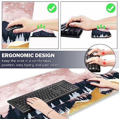 ARTSO Extended Gaming Mouse Pad Set, Keyboard Wrist Rest Support Pad + Wrist Cushion + XXL Large Mouse Pad + Coaster, Stitched Edge, Non-Slip, Memory Foam Desk Mat, Pink Abstract Mountain - color: Pink Abstract Mountain