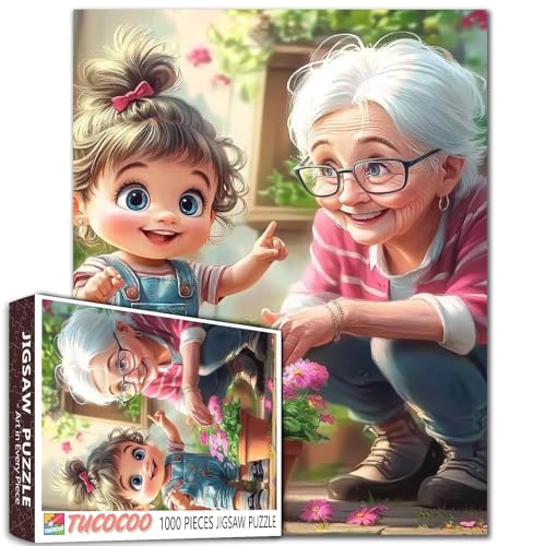 1000 Piece Jigsaw Puzzle for Adults Students Cartoon Style Cute Girl Gardening with Grandma Playing Jigsaws Flowers Colorful Art Home Wall Decor Fun Family Game Gift 20X27 Inches Large Puzzles - color: Puzzle-grandma-03
