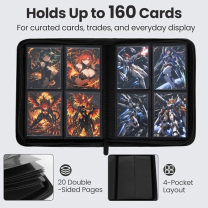 4 Pocket Trading Card Binder, Ringless Card Binder with Zipper for TCG and Sport Cards Collections, Holds 160 Cards with Side-Loading Pages, Black - color: 1.Black - 4 Pocket - 160 Slots