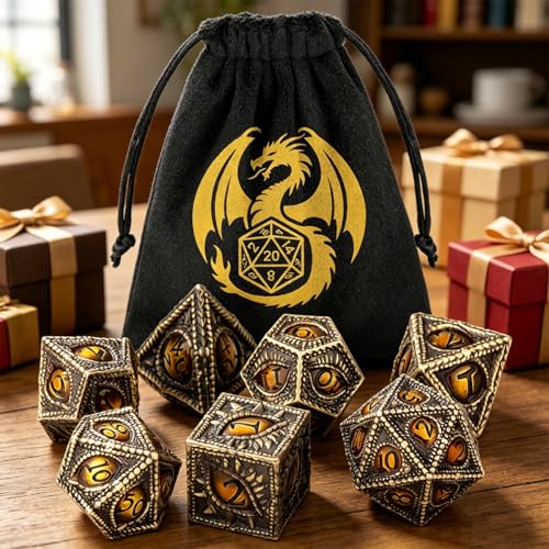 Metal Dice Set, Dragon Eye Theme, 7pcs Polyhedral Metal DND Dice Set, DND Starter Set, D&D Gifts with Gift Bag, Role Playing Board Games Accessories, Bronze Amber - color: Bronze Amber With Gift Bag