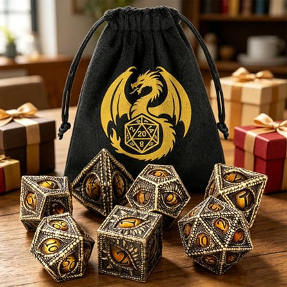 Metal Dice Set, Dragon Eye Theme, 7pcs Polyhedral Metal DND Dice Set, DND Starter Set, D&D Gifts with Gift Bag, Role Playing Board Games Accessories, Bronze Amber - color: Bronze Amber With Gift Bag