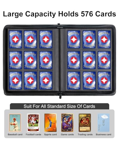 GEAoffice 9 Pocket Trading Card Binder, Holds 576 Cards, Premium PU Zip Card Binder with Handle, Side-Loading Pockets, Fits TCG, MTG, Sports Cards & Sleeved Cards (Black) - color: Black