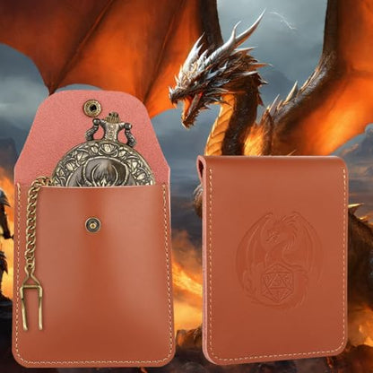 Mini DND Dice Set, Steampunk Dragon Head Pocket Watch Shell Case, 7 Piece Polyhedral D&D Dice, DND Leather Gift Bag with Dragon Logo, MTG, Role Play Board Game Accessories, Bronze Dragon Gifts - color: Dragon Head