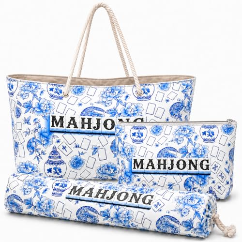 3 Pcs Empty American Mahjong Bags for Tiles and Racks and Mat, Blue Floral Mahjong Carrying Tote with Zipper Tile Pouch and Rack Sleeve, Thickened Canvas Storage Bag, Case Only - color: Blue & White Porcelain