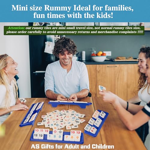 Doublefan Mini Rummy Cube Set, Mini Size Rummy Game with Portable Bag, Small Travel Game for Adult and Kids,106 Tiles, 4 Playing Rack, 1 Dice (2-4 Players) - style: Mini Size (2-4 Player)