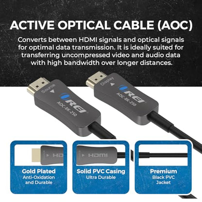 OREI 8K HDMI 2.1 Fiber Optic Cable 250ft - AOC, 48Gbps, 8K@60Hz, HDR10+, 3D - size: 250FT