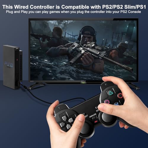 HaeBorl PS2 Controller,2 Pack Wired Controller for PS2/PS2 Slim/PS1 | PS2 Replacement Wired Controller with Dual Vibration, High Stable Signal, Black - color: Black