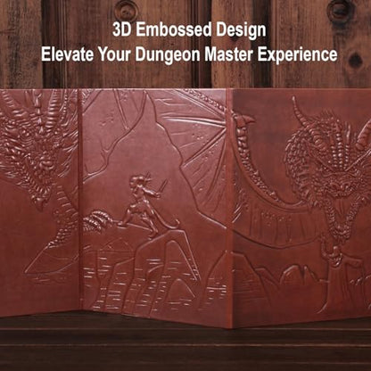 DND DM Screen 5e with 5 Panels, 3D Embossed Faux Leather Dungeon Master Screen with Clear GM Pockets, Dungeons and Dragons Accessories for DND Lovers