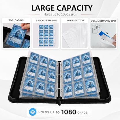 9 Pocket Zip Card Binder, Trading Card Album Holds 1080 Cards, Light Blue | Logo-free design,top-loading pages,removable double-sided pockets,waterproof cover,soft lnner lining. - color: Light Blue, size: 9 Pocket 1080