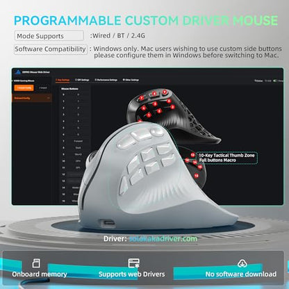 SOLAKAKA E9 PRO Ergonomic Vertical MMO Mouse with 8K Dongle, Gray-Silver | Ergonomic 45° Grip vertical,PAW3395 36000 DPI Sensor, Tri-Mode Wireless,10 Side Buttons,1000mAh Rechargeable,RGB - color: Gary