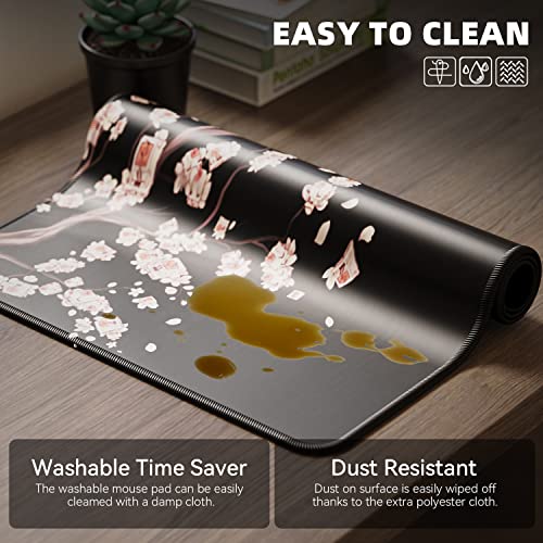 ETZ Japanese Cherry Blossom Gaming Mouse Pad XL | Sakura Pink Floral Mat, Stitched Edges, Non-Slip Rubber Base, Extended Desk Surface, Washable, 31.5x11.8", 3mm Thick - color: Plum Mouse Pad - 1